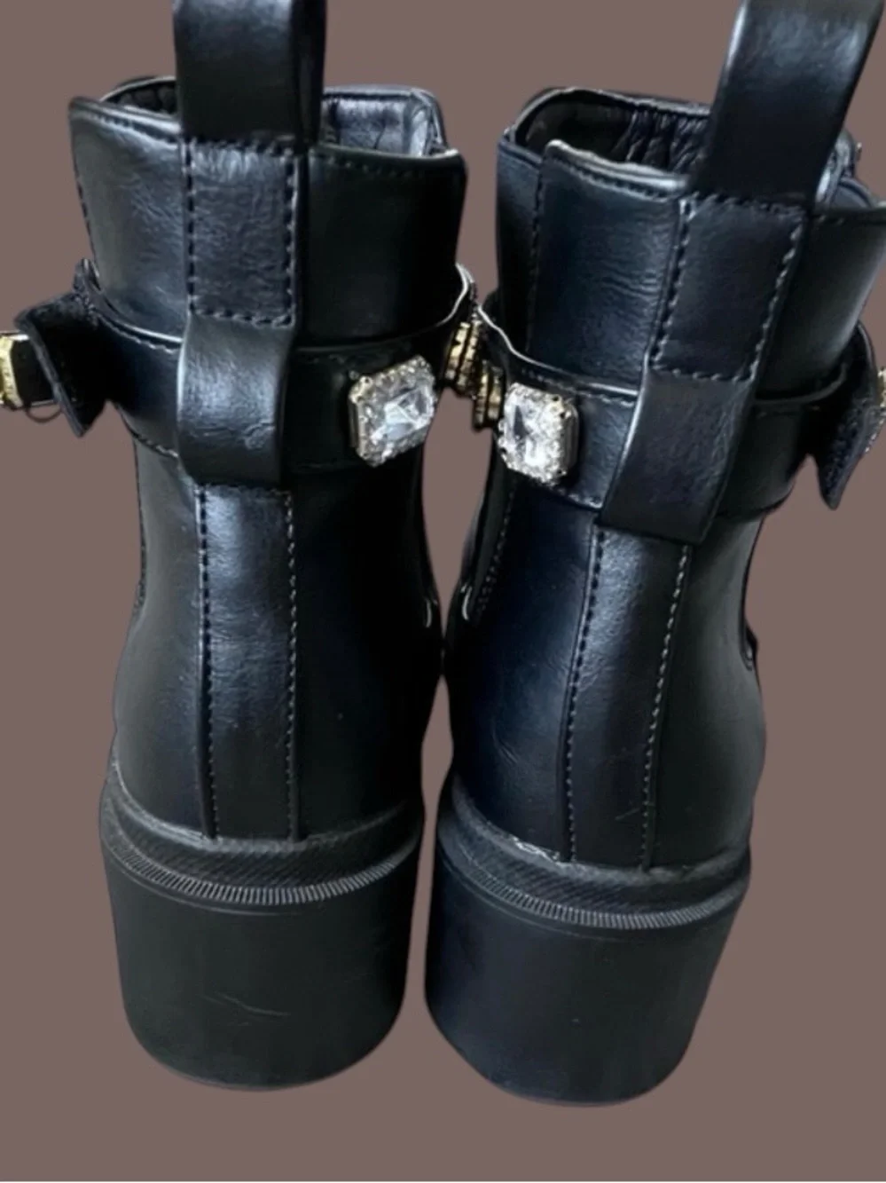 Nicole Miller Black Chelsea Ankle Boots Rhinestone Strap Block Heel Lug Sole 6